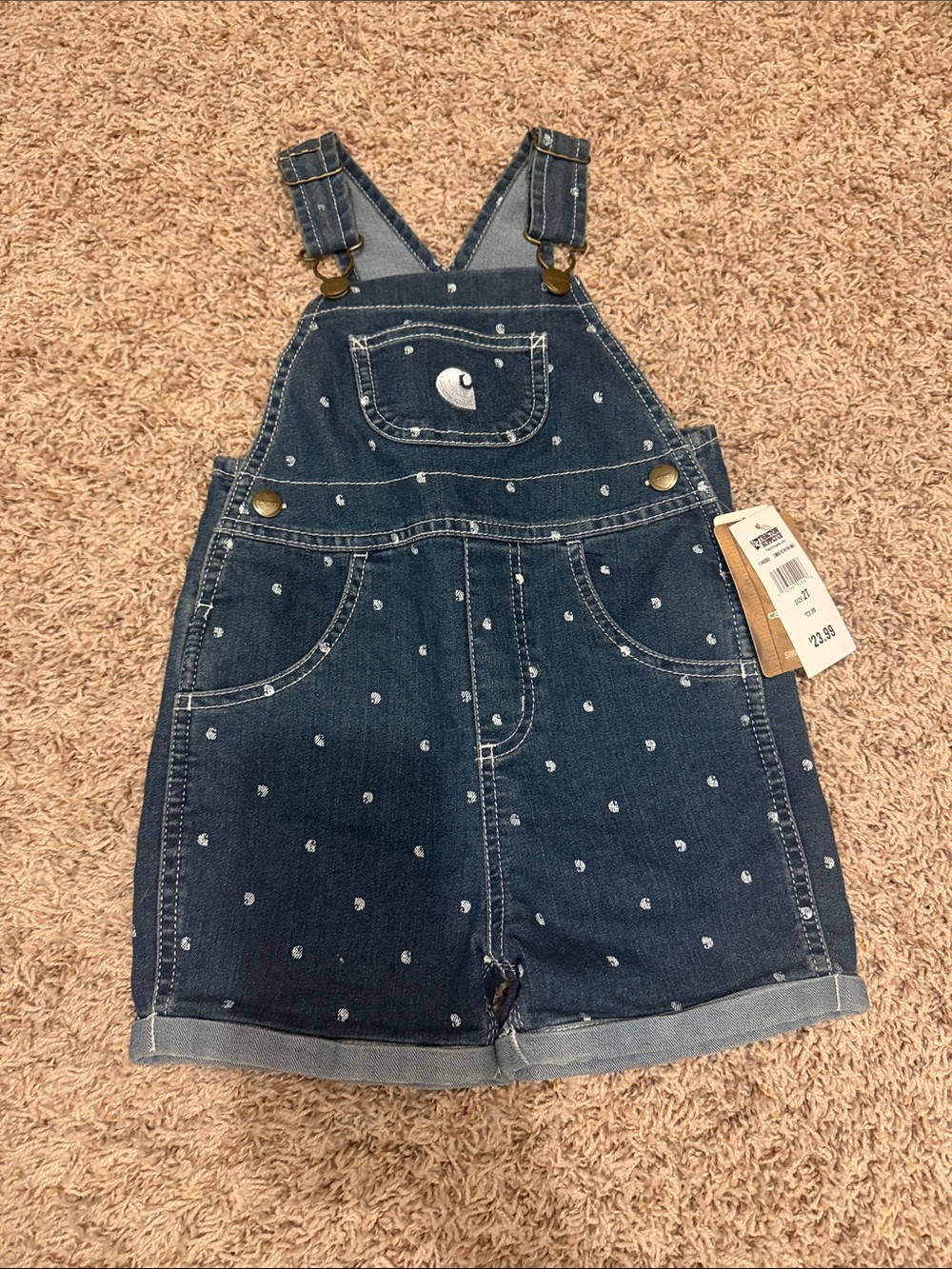 Carhartt Girls' Denim Short Overalls in Navy with White Micro Dots